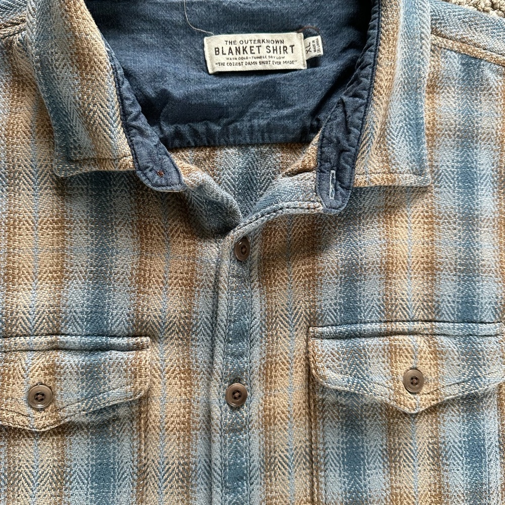 Outerknown Blue and Tan Herringbone Blanket Shirt Jacket
